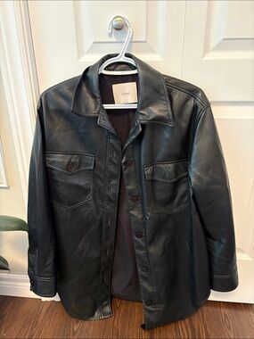 Wilfred Black Leather Shirt Jacket with Chest Flap Pockets